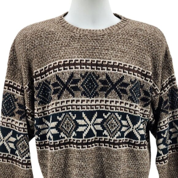 Vintage David Taylor Mens Large Sweater Nordic Snowflake Retro Brown White 1980s - Picture 2 of 8